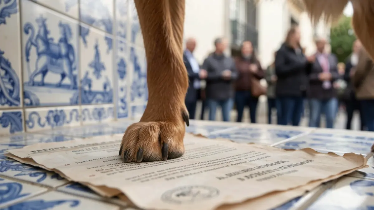 Imagen genérica de una pata de perro sobre un documento oficial, con azulejos portugueses desenfocados al fondo.