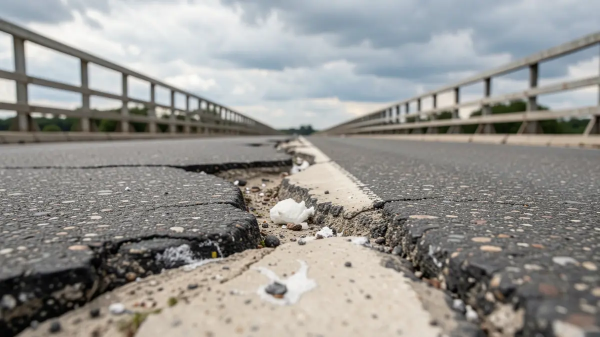 Imagem genérica de uma ponte com danos visíveis e materiais de reparação.
