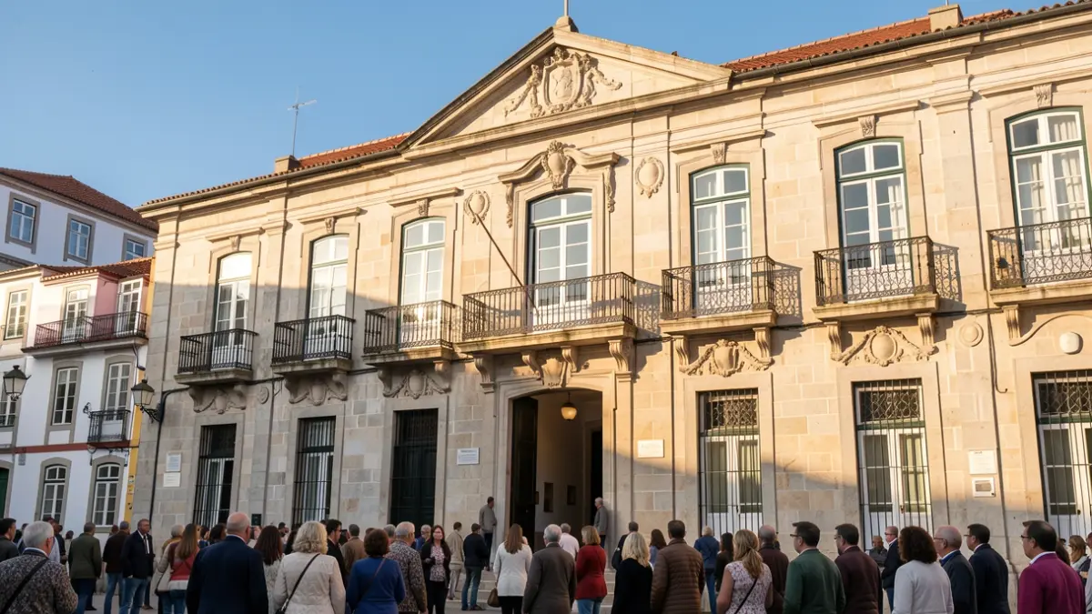Generic image of a Portuguese municipal building facade with ornate balconies, under late afternoon sunlight.
