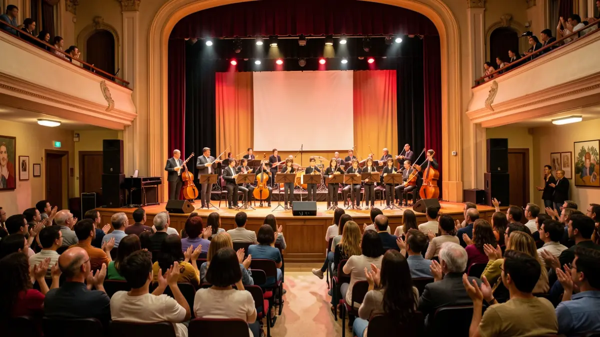 Vibrant concert stage in a Portuguese school with young musicians and applauding audience.