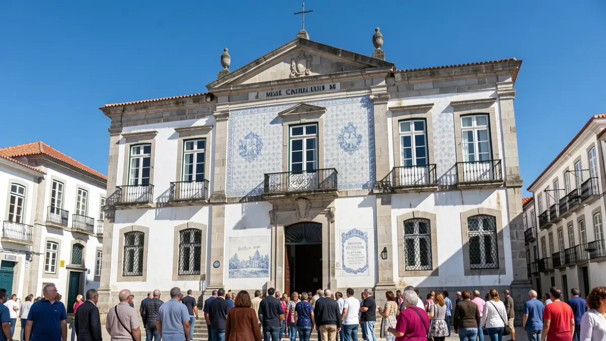 Facade of the Municipal Chamber of Ponte de Lima, a historic building with traditional Portuguese architecture.