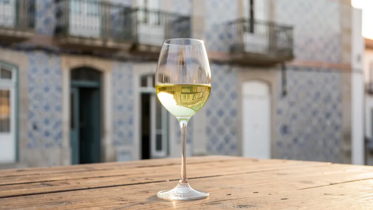 Imagem genérica de um copo de vinho branco sobre uma mesa de madeira rústica, com o fundo desfocado da fachada de um edifício histórico português.