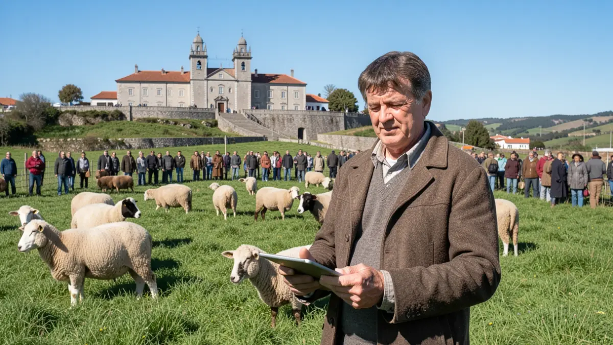 Image of a farmer with animals and the Ponte de Lima Town Hall building in the background.