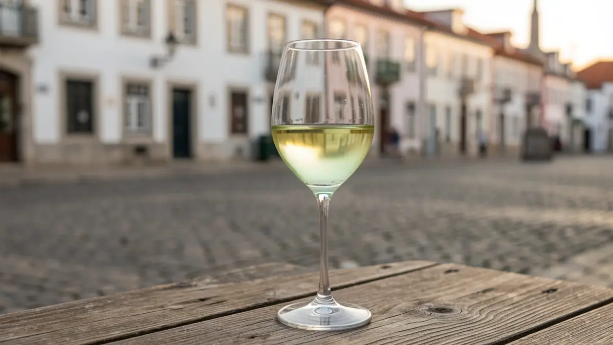 Imagem genérica de um copo de vinho branco em cima de uma mesa de madeira rústica, com um fundo desfocado de arquitetura tradicional portuguesa ao entardecer.