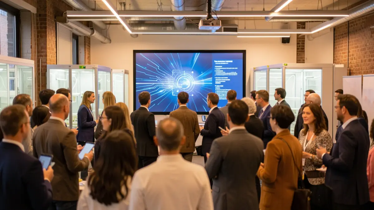 Imagem genérica de um espaço de incubadora moderno com pessoas a interagir e a assistir a uma apresentação sobre IA e tecnologia.