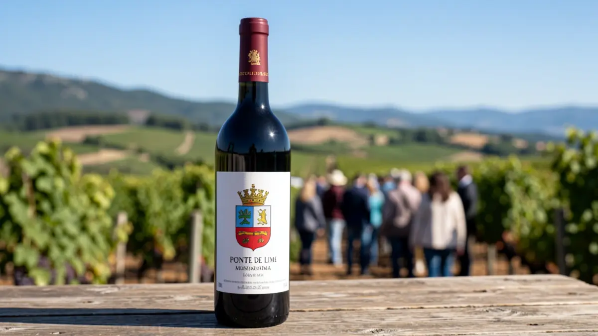 Garrafa de vinho com brasão de Ponte de Lima em mesa rústica, com vinha desfocada ao fundo.