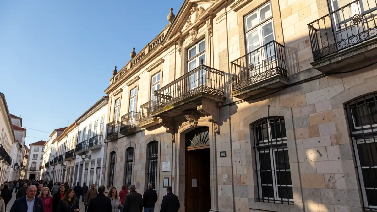 Generic image of a Portuguese town hall facade made of stone, with an ornate balcony and stairs, under afternoon sunlight.