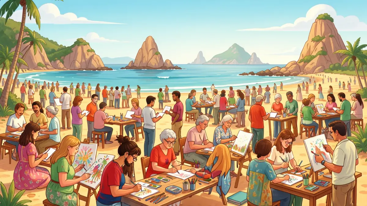 Ilustração vibrante de pessoas a criar arte e aprender em Porto Santo, com paisagens da ilha ao fundo.