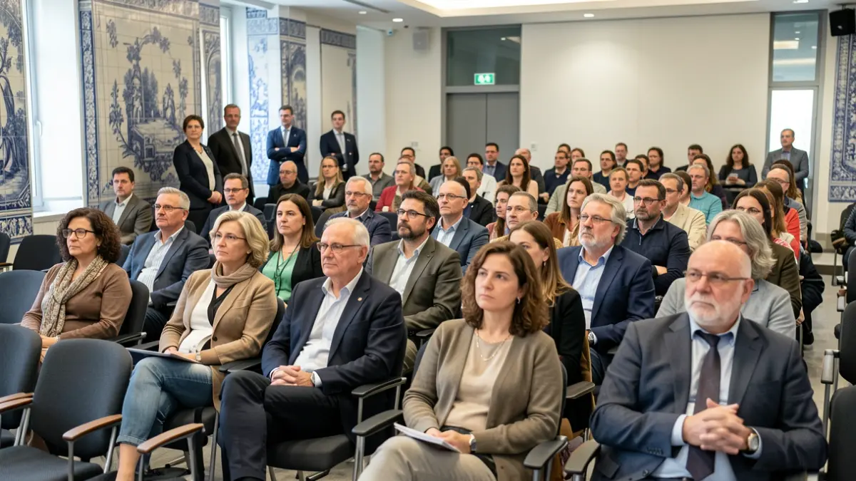 Imagem genérica de um grupo diversificado de pessoas num centro de congressos, a participar num evento sobre igualdade e erradicação da pobreza.
