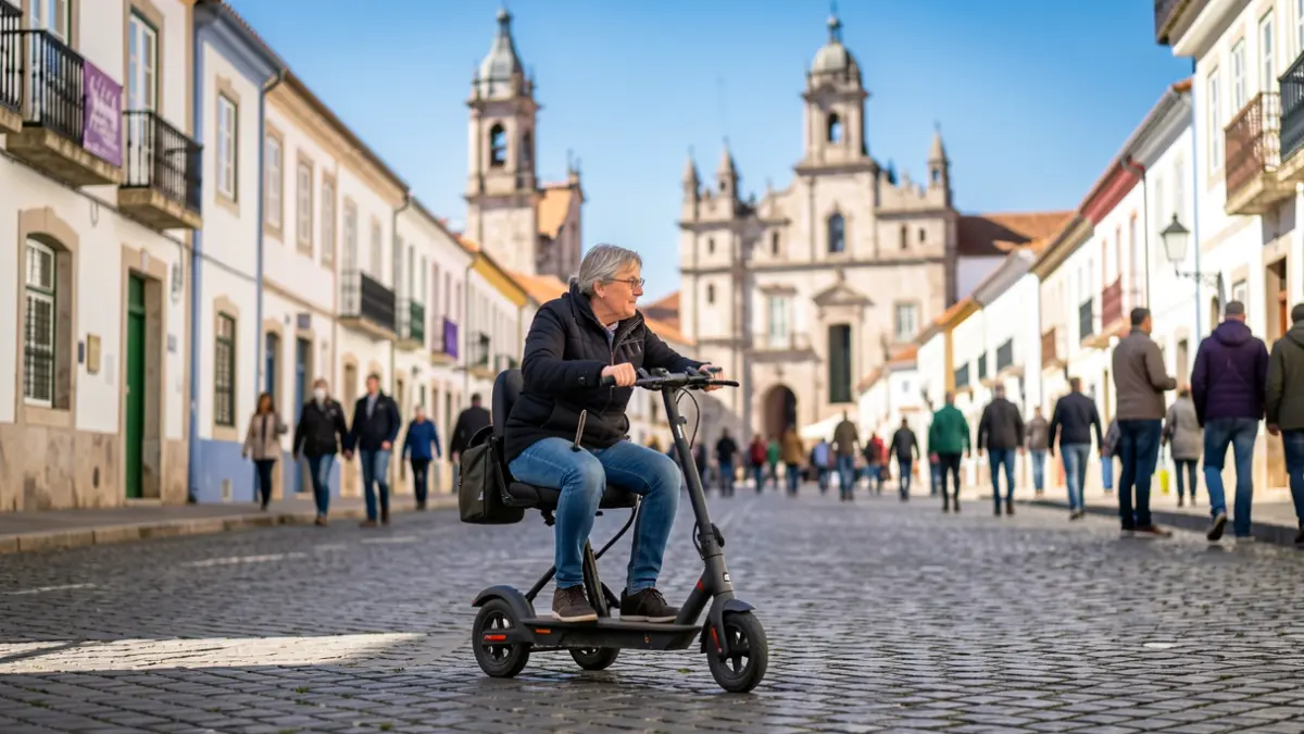 Image of a person using an electric scooter on a street in Portalegre, highlighting urban accessibility.