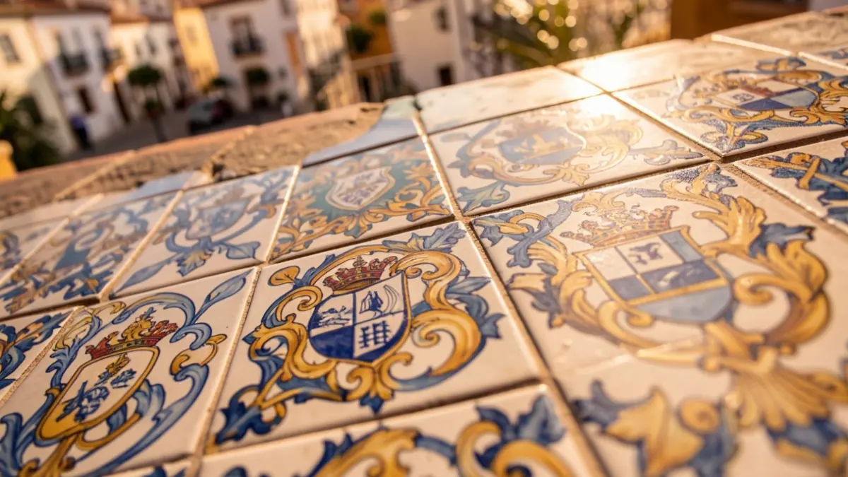 Azulejos portugueses tradicionais com padrões intrincados, representando símbolos do património cultural.