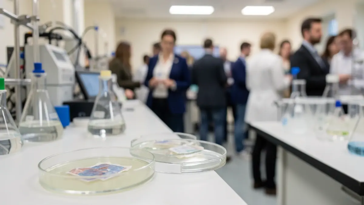 Imagen genérica de un laboratorio de investigación médica con equipo avanzado, enfocada en una placa de Petri con una muestra.