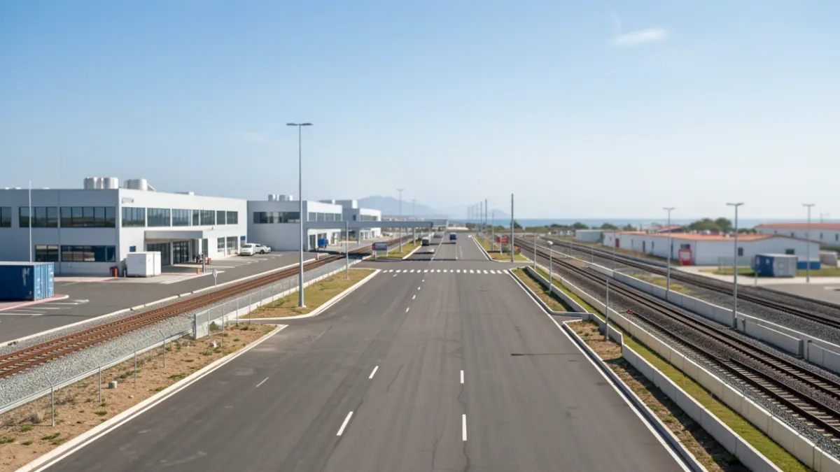 Imagem genérica de um centro logístico moderno com áreas pavimentadas e vias férreas, simbolizando a ligação entre a costa e o interior de Portugal.