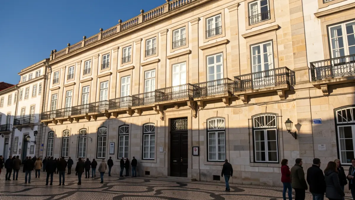 Fachada de um edifício municipal em Porto de Mós com varandas ornamentadas e luz solar de tarde.