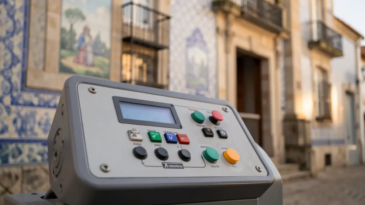 Imagem genérica de um painel de controlo de gerador com azulejos portugueses ao fundo.