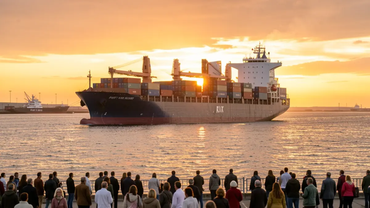 Imagen del Puerto de Sines con buques de carga al atardecer, destacando la actividad logística.