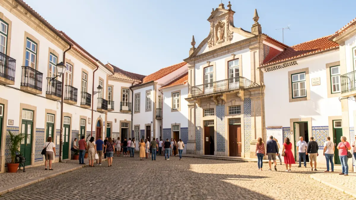 Generic image of a Portuguese town square with traditional architecture and the town hall building in the background, under late afternoon light.