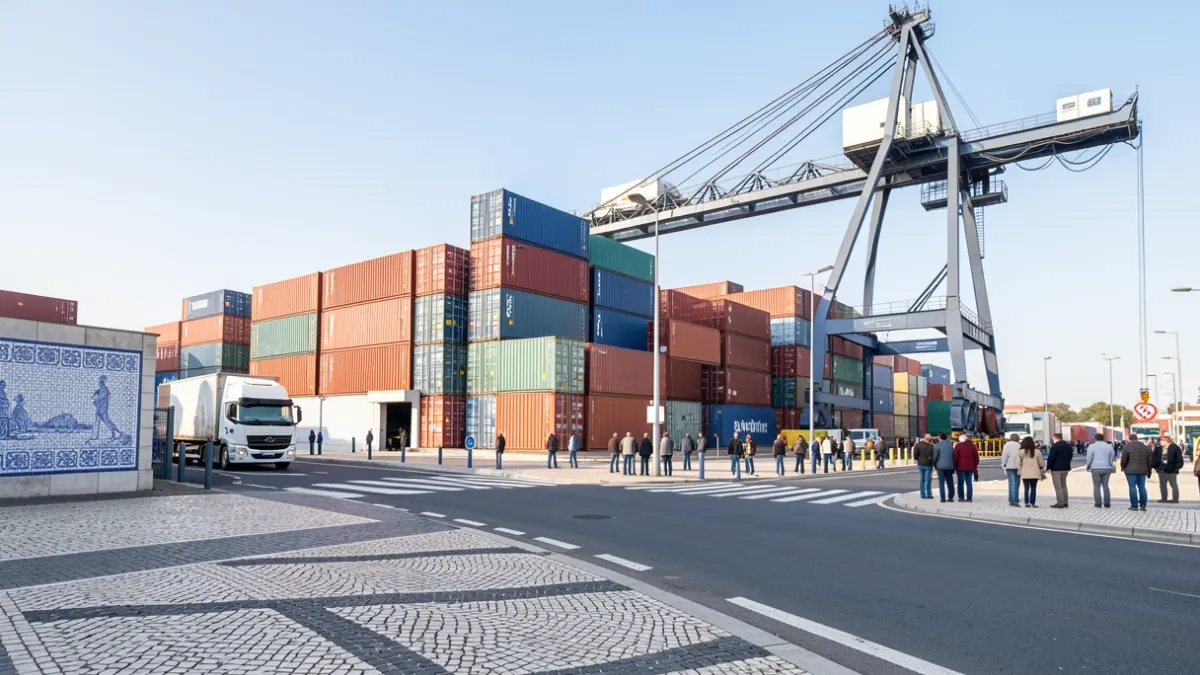 Generic image of a modern logistics terminal with containers and cranes, in Portugal.