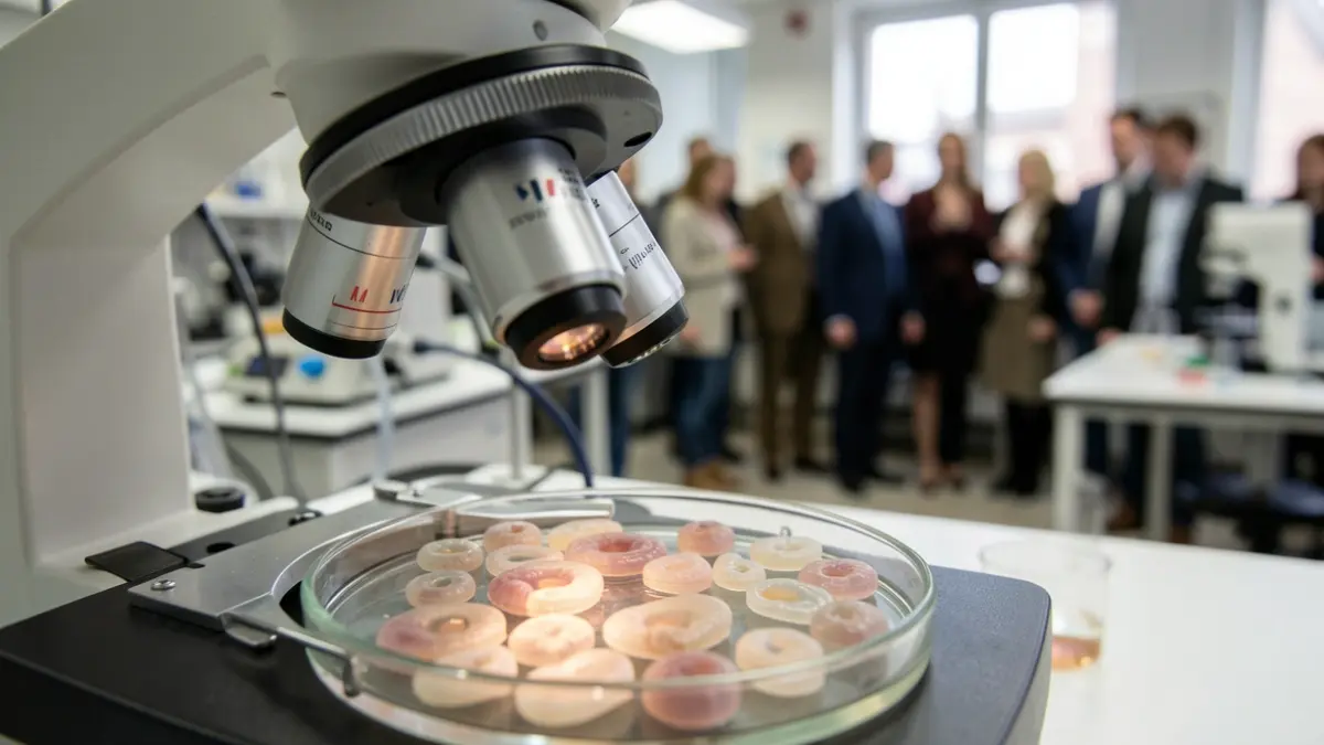 Imagen genérica de un microscopio enfocando una placa de Petri con células embrionarias en un laboratorio científico.