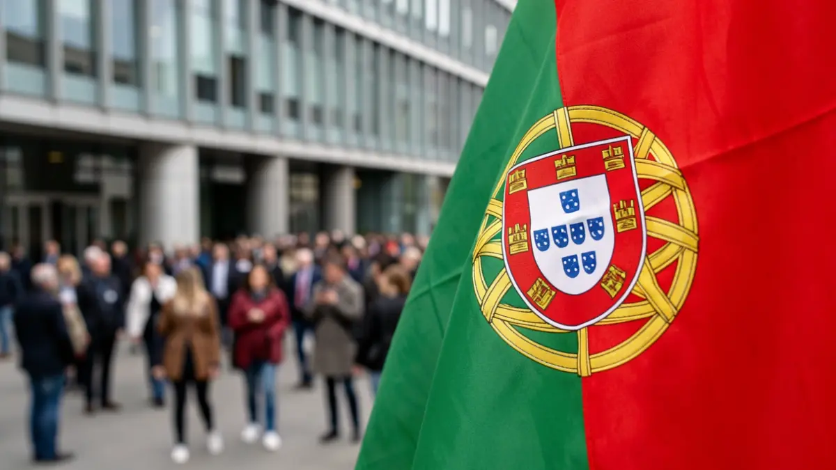 Imagem genérica de uma bandeira portuguesa com um edifício ao fundo.