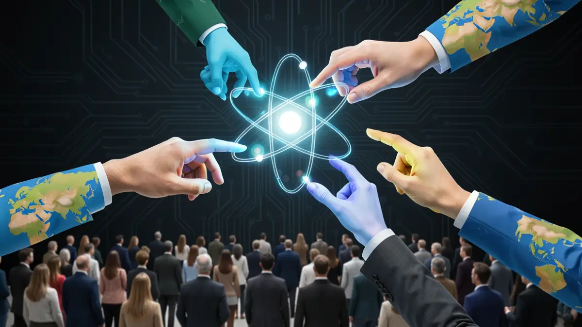 Generic image of hands cooperating around a stylized atom with subtle circuit patterns in the background.