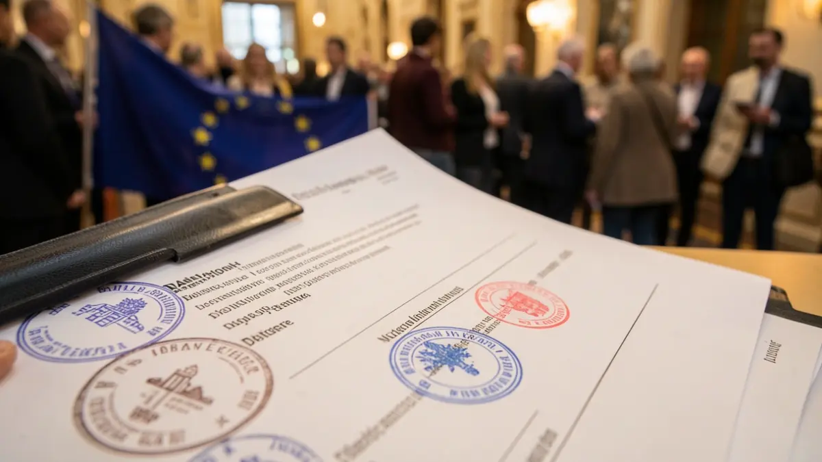 Generic image of an official document with seals and the European Union flag in the background.