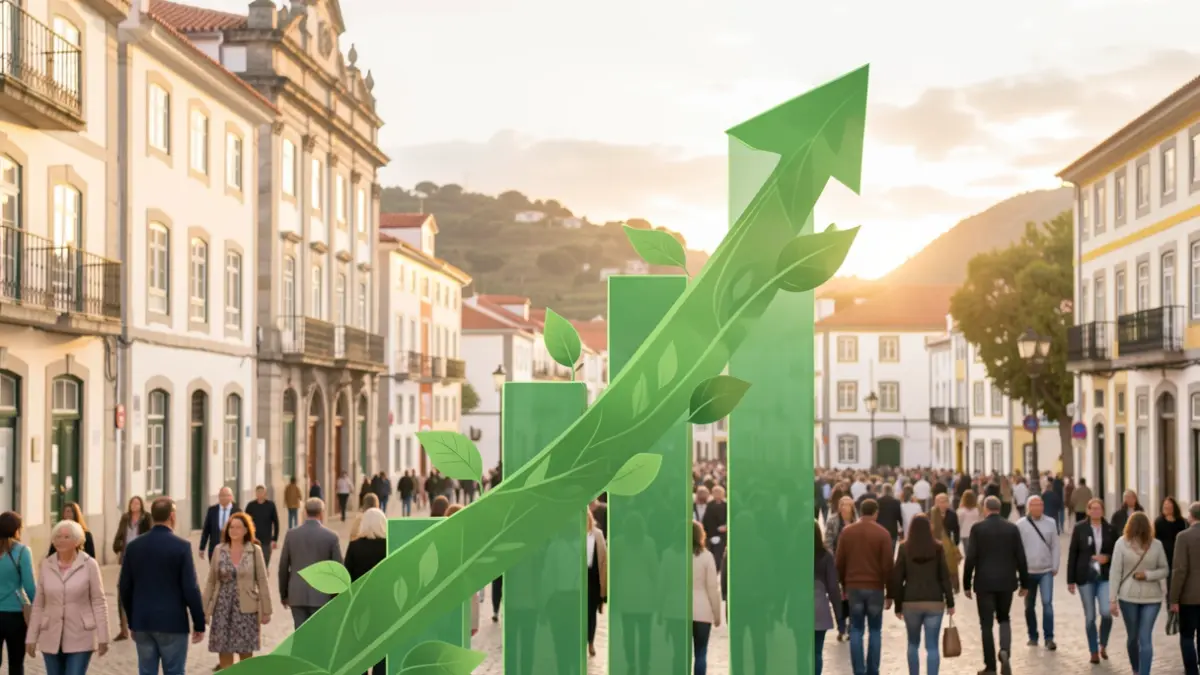 Imagen genérica de un gráfico de barras ascendente con elementos verdes, representando crecimiento económico y reducción de emisiones.