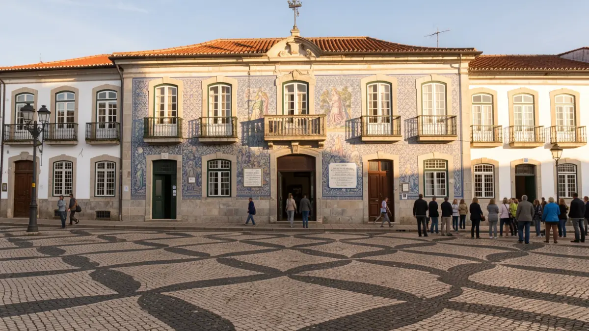 Generic image of a Portuguese Town Hall facade with traditional architecture at dusk.