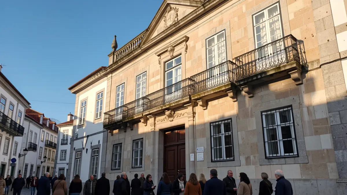 Generic image of a Portuguese municipal building facade with an ornate balcony, under late afternoon sunlight.
