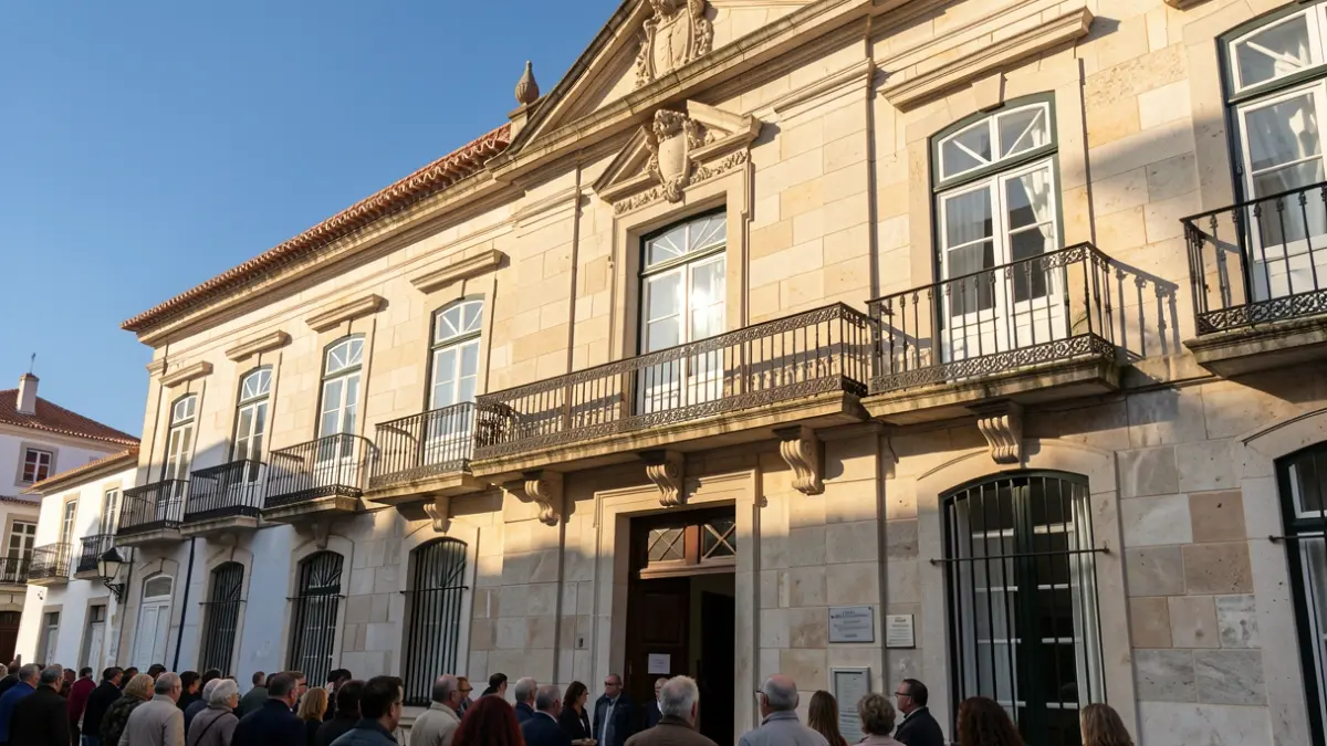 Generic image of a Portuguese town hall with an ornate balcony and late afternoon lighting.