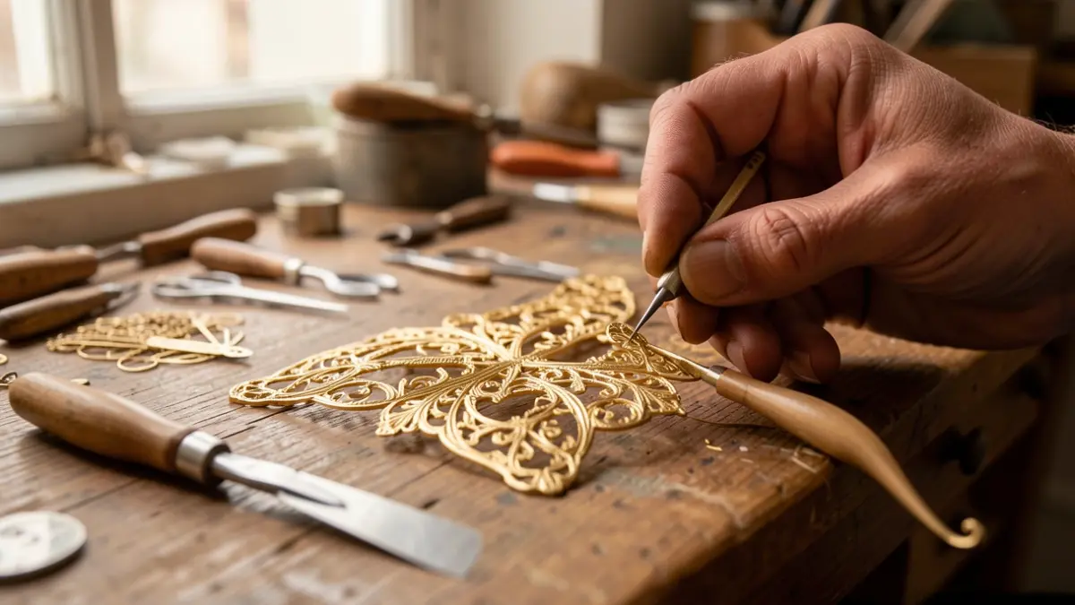 Close-up de joias de filigrana dourada intrincadas a serem trabalhadas à mão, mostrando trabalho delicado em metal e ferramentas numa bancada de madeira, luz ambiente quente, artesanato tradicional português.