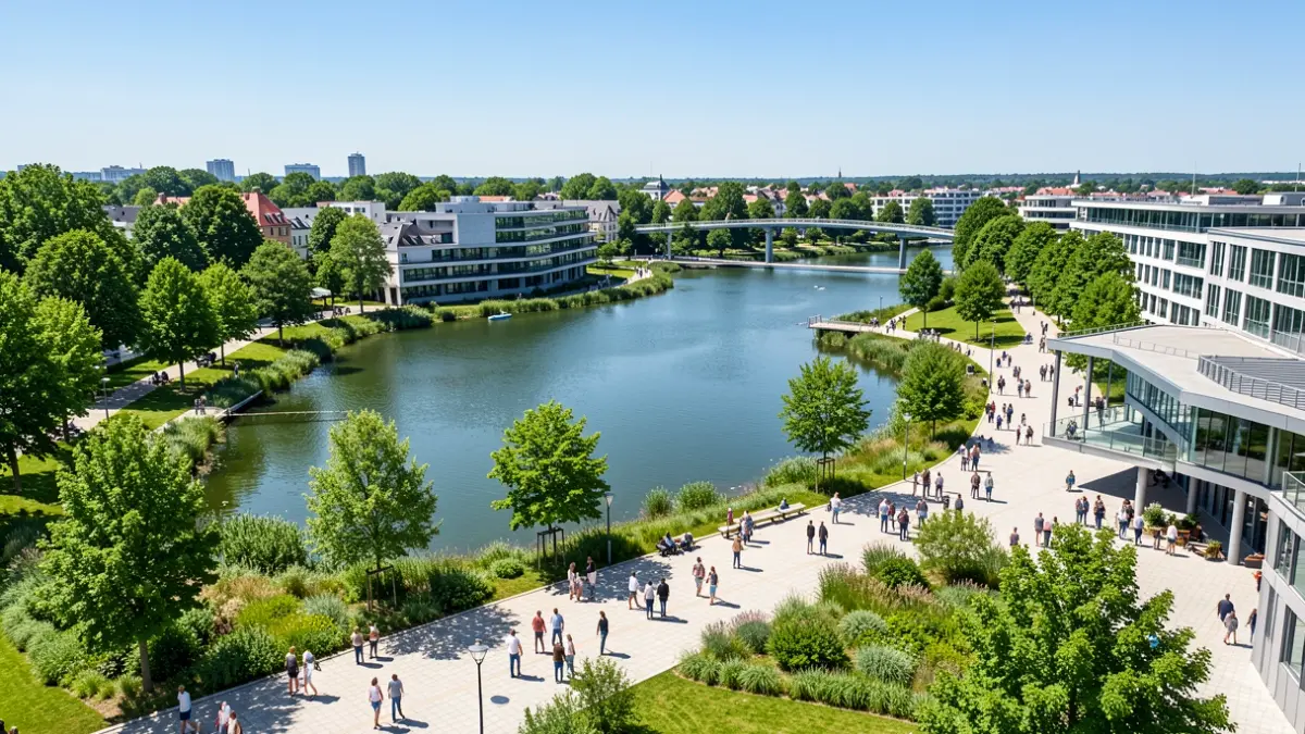 Aerial view of a modern public space with a lake, vegetation, and contemporary architectural elements.