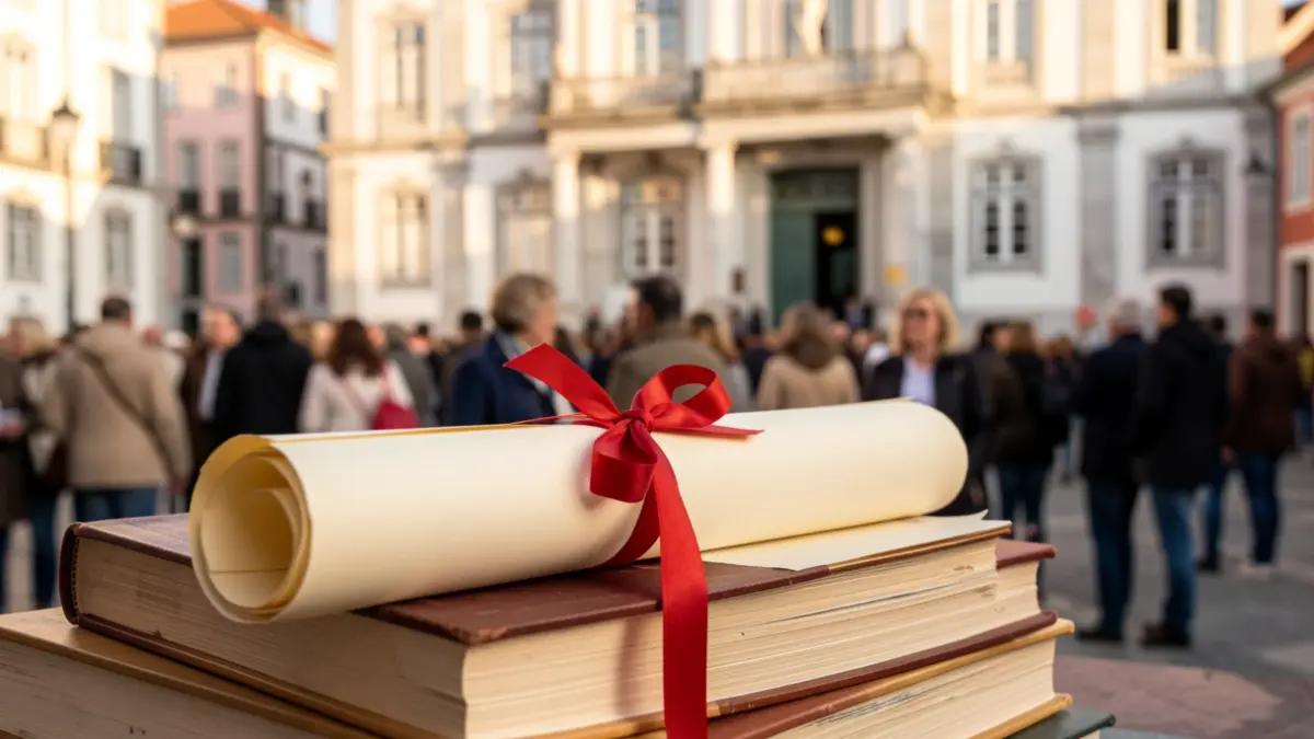 Generic image of a diploma scroll on books, with a blurred municipal building facade in the background.