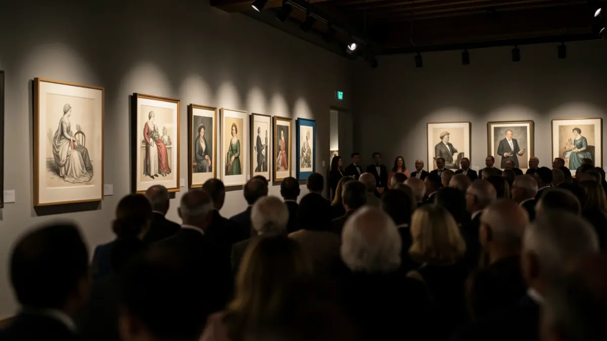 Galeria de arte com ilustrações premiadas em exposição, ambiente de cerimónia.