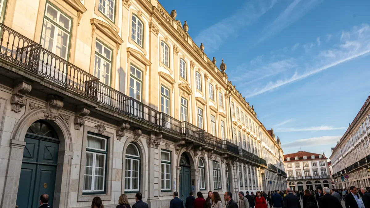 Fachada de um edifício universitário com arquitetura portuguesa clássica, varandas ornamentadas e luz solar da tarde.