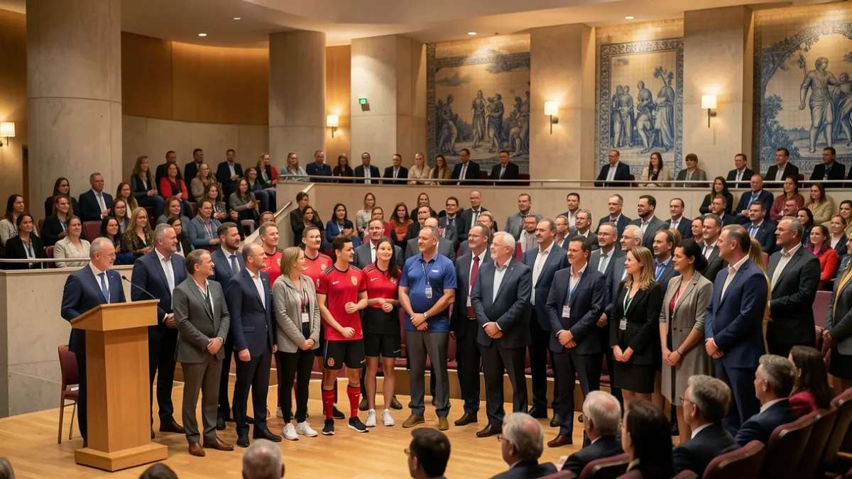 Generic image of a modern auditorium with people celebrating, representing ethics and values in sports.