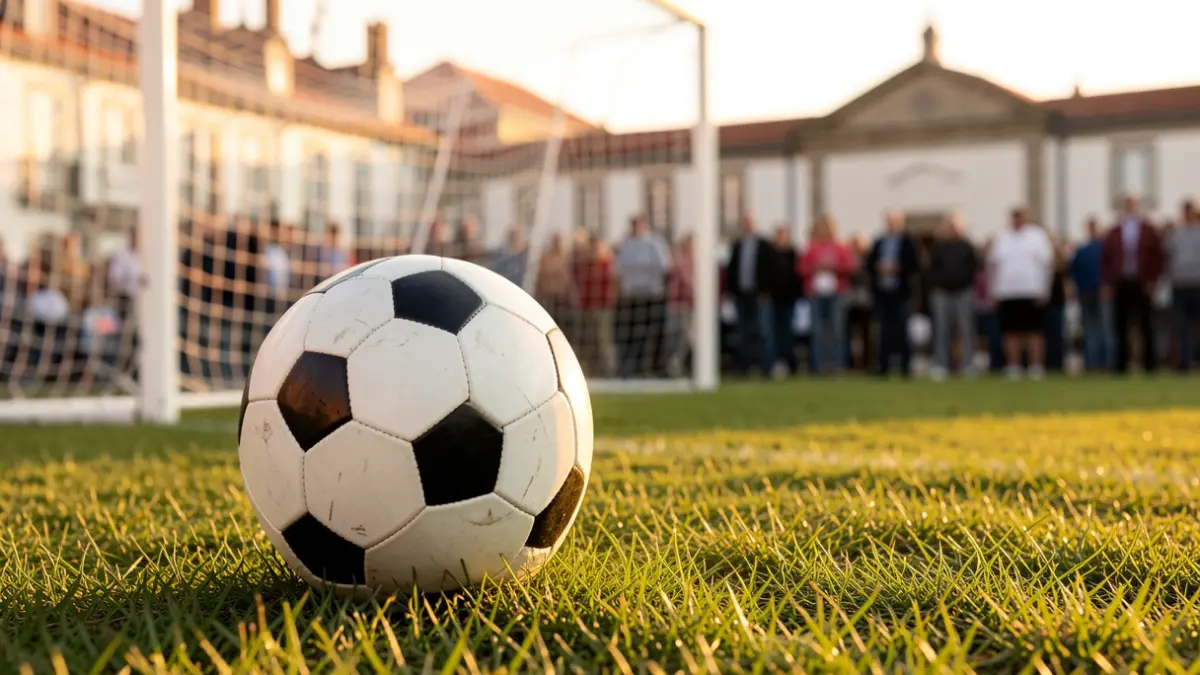 Imagem genérica de uma bola de futebol em relva, com a baliza desfocada ao fundo. Luz dourada.