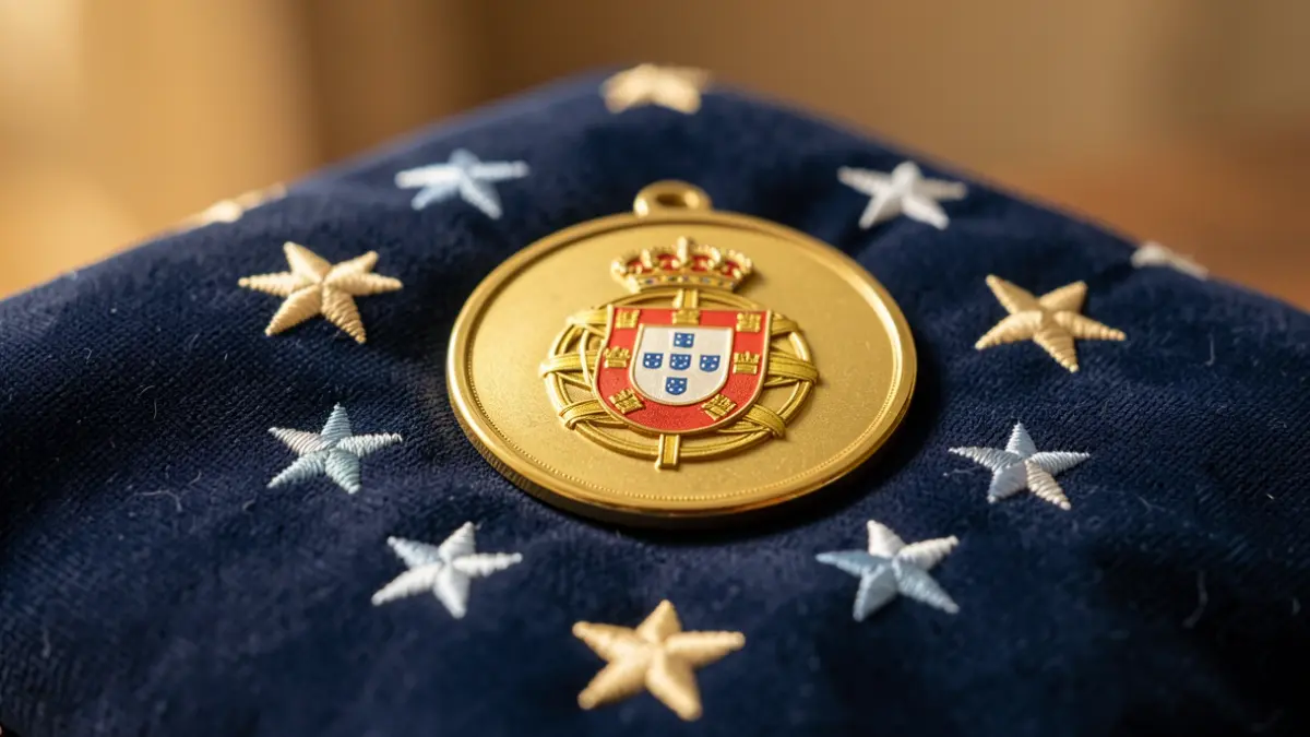 Imagen genérica de una medalla de honor con el escudo de Portugal sobre tela azul oscuro.