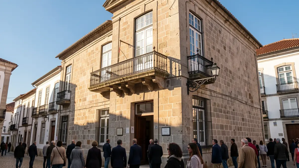 Generic image of a stone municipal building facade with an ornate balcony, under late afternoon sunlight.