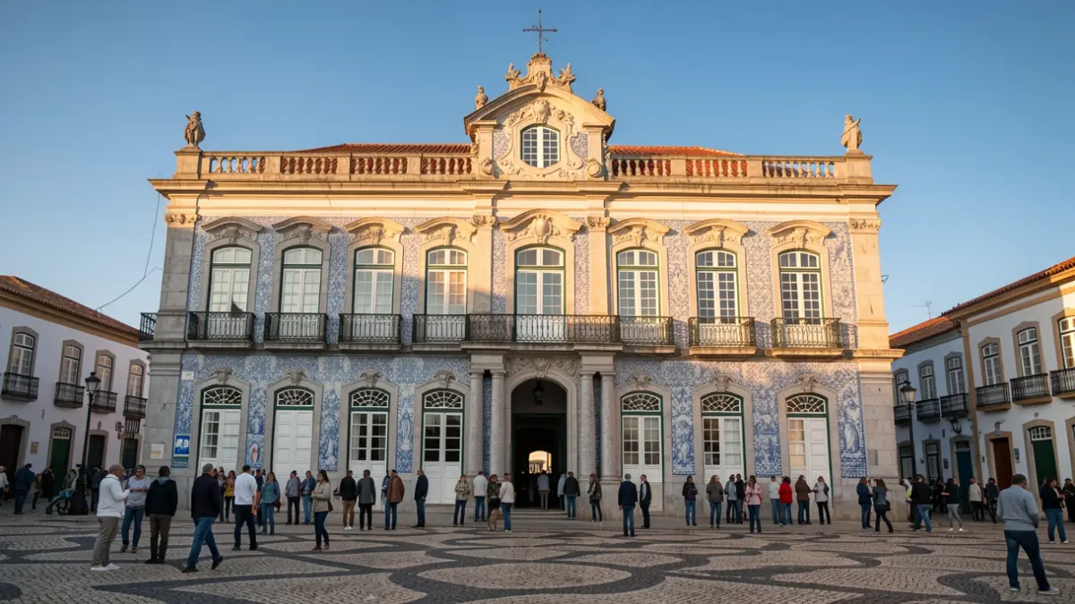 Fachada de um edifício municipal português com luz solar de fim de tarde.
