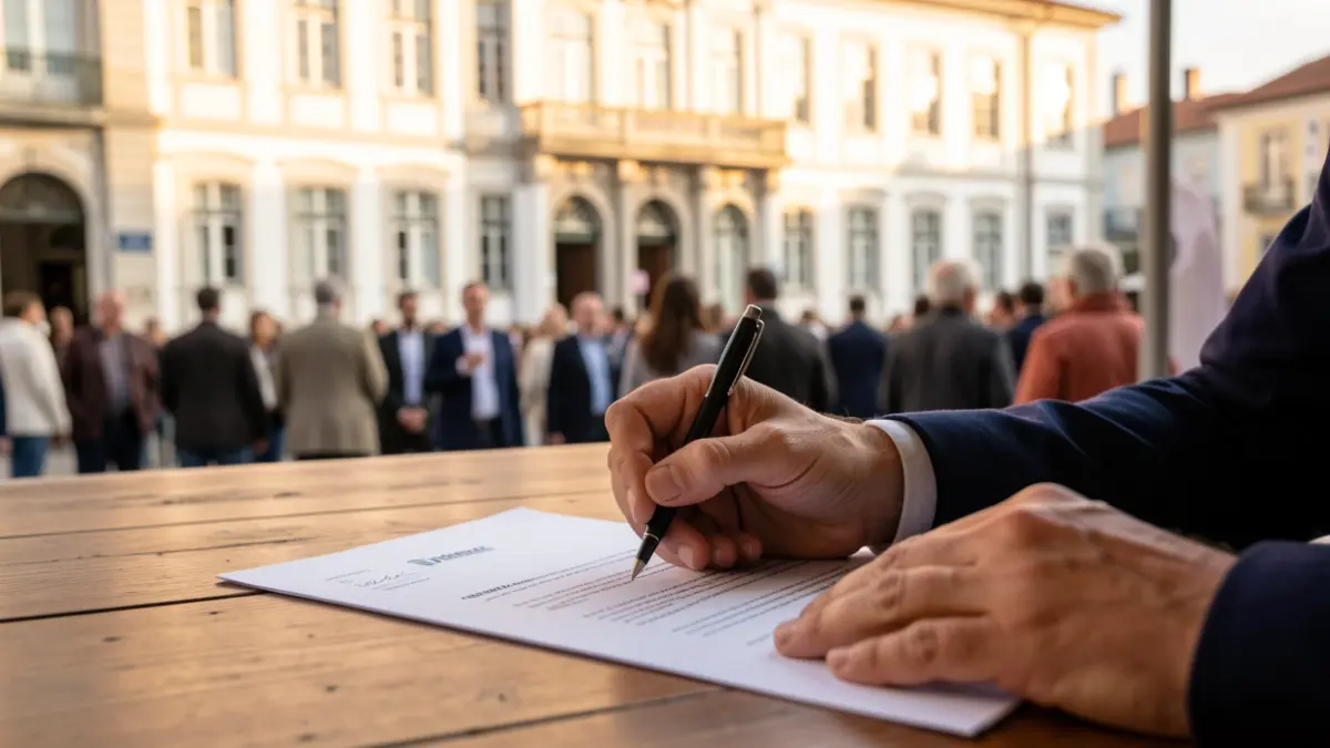 Generic image of a hand signing a document on a desk, with a blurred municipal building facade in the background.