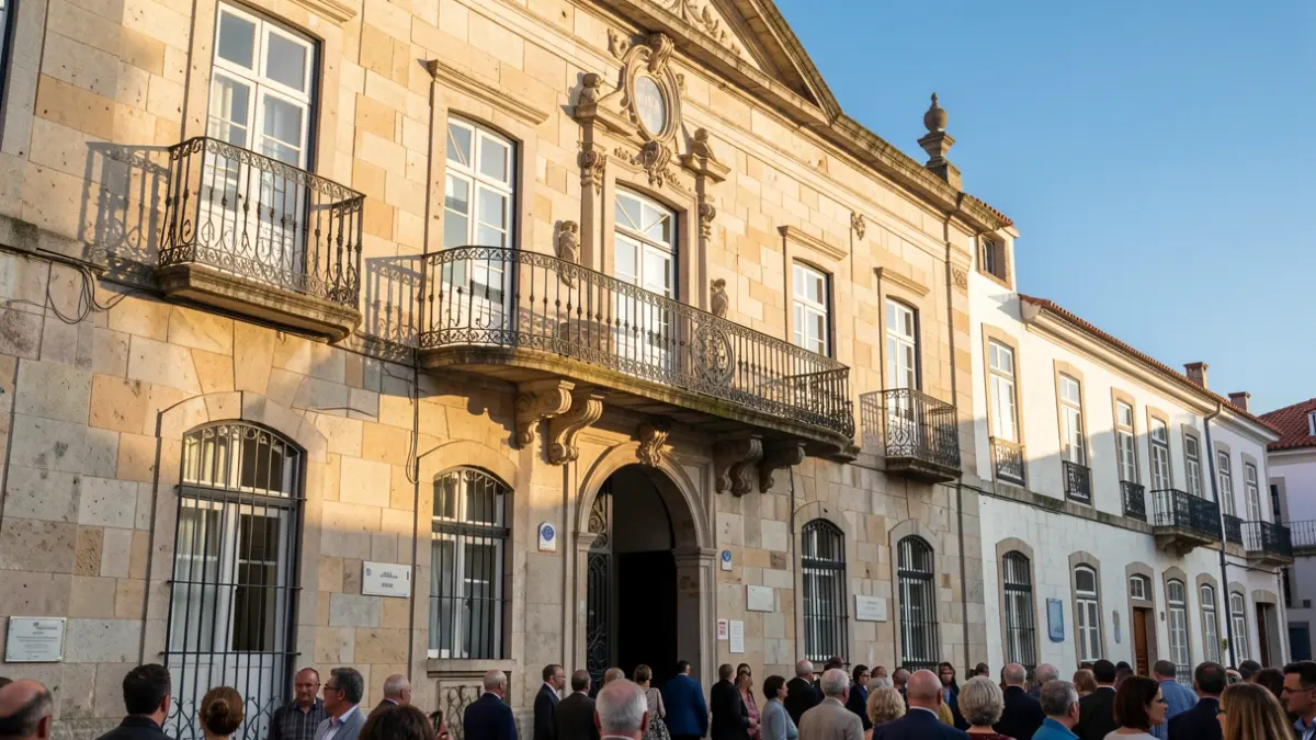 Generic image of a Portuguese town hall facade with an ornate balcony and iron railings, warm afternoon sunlight casting shadows on sandstone walls, blue sky.