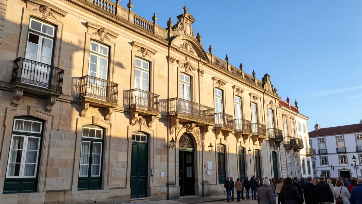 Fachada del Ayuntamiento de Espinho con balcones ornamentados y barandillas de hierro, cálida luz solar de la tarde proyectando sombras en las paredes de arenito, cielo azul, estilo de fotografía documental, arquitectura portuguesa.