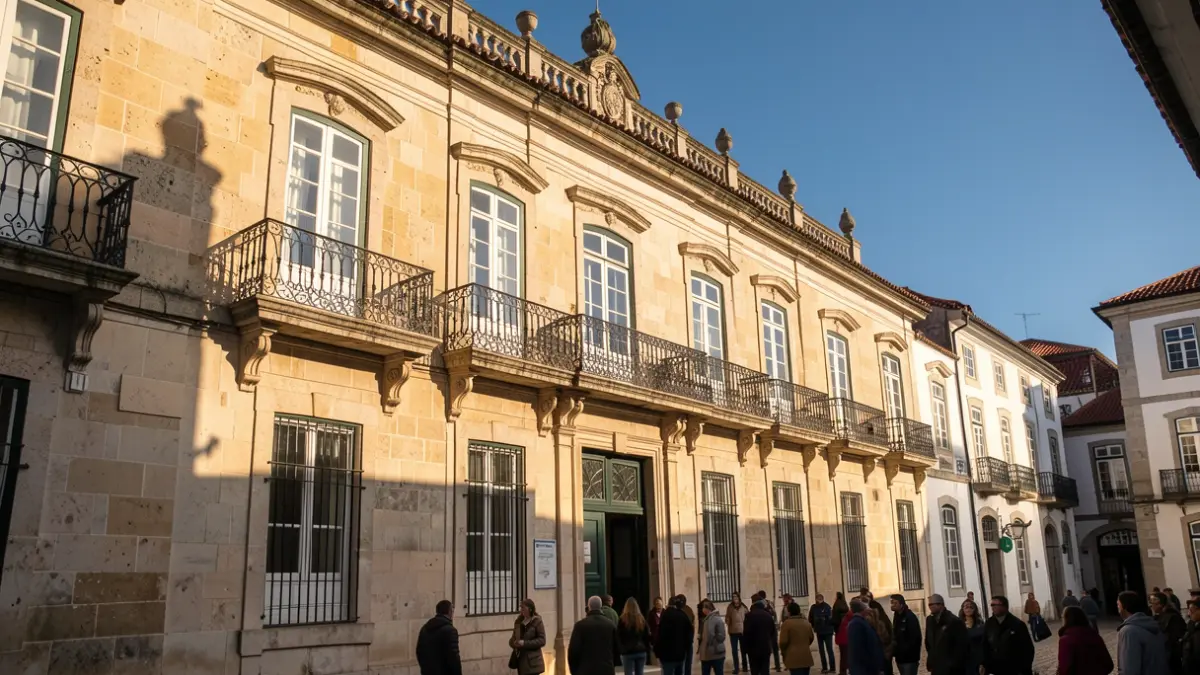 Generic image of the facade of a Portuguese municipal building with ornate balconies, under late afternoon sunlight.