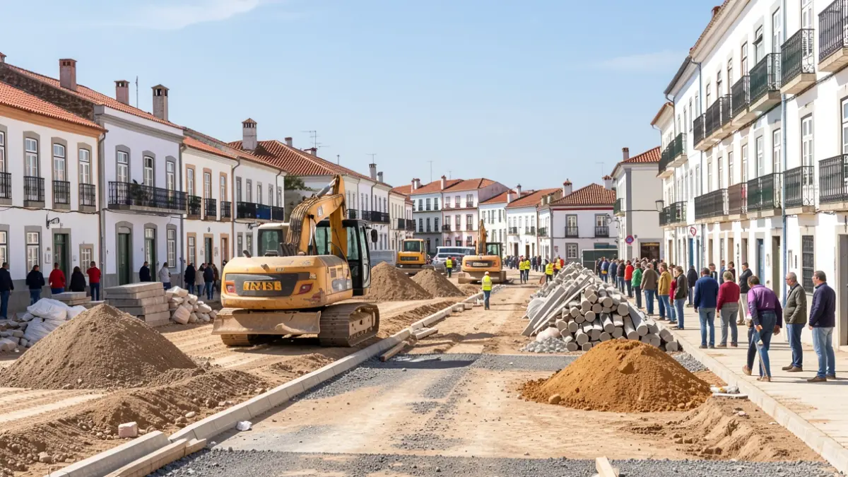 Imagem genérica de uma obra de requalificação urbana em Portugal, com maquinaria e trabalhadores.