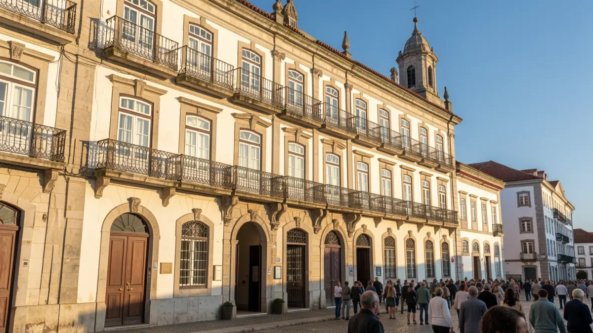 Imagem genérica de uma fachada de edifício camarário português com varandas ornamentadas e detalhes em pedra, sob luz solar quente de fim de tarde e céu azul.