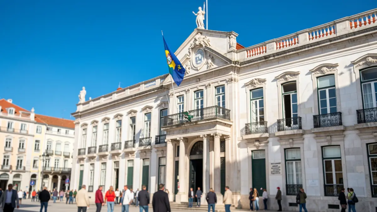 Facade of the Lisbon Municipal Chamber (Paços do Concelho) with the national flag being raised during the Republic's Proclamation commemorations.