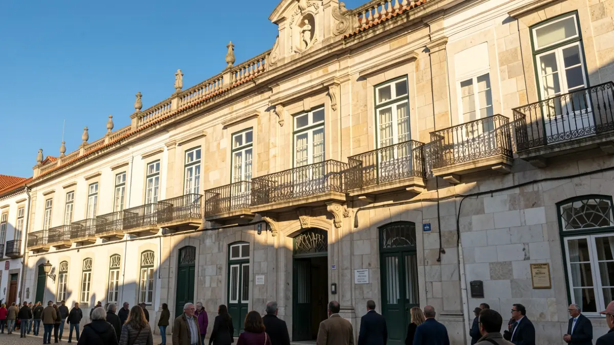 Fachada de un edificio municipal en Penamacor, Portugal, con detalles arquitectónicos tradicionales.