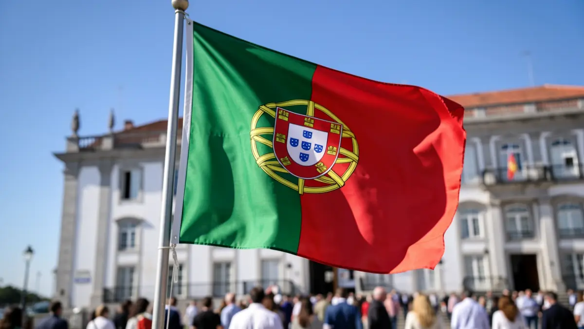Portuguese flag waving in the wind in front of a traditional Portuguese building.