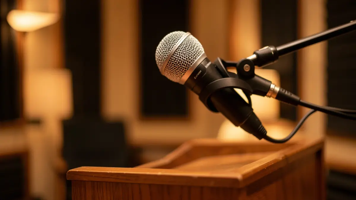 Generic image of a microphone on a podium with a blurred abstract background representing a podcast studio. Warm lighting.